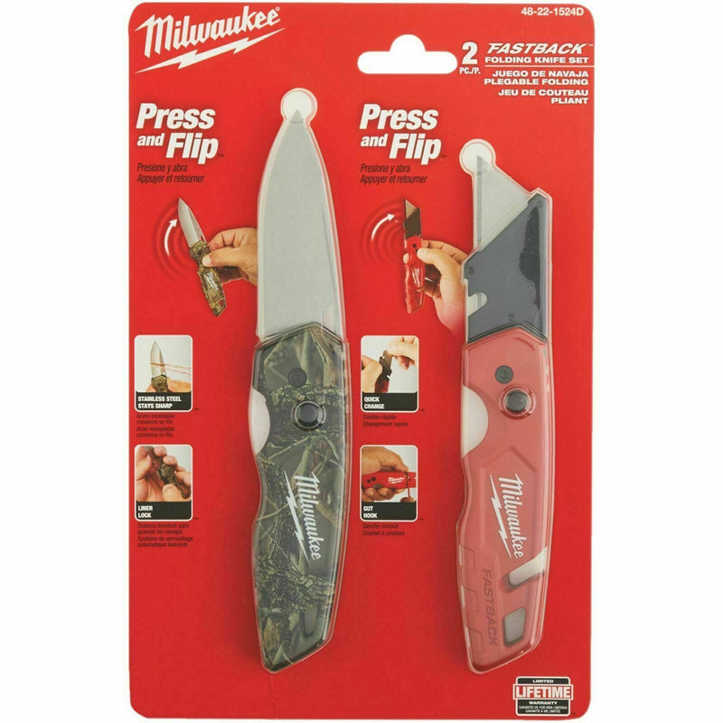 Milwaukee 48-22-1524D 2 Pack FASTBACK Folding Knife Set, New