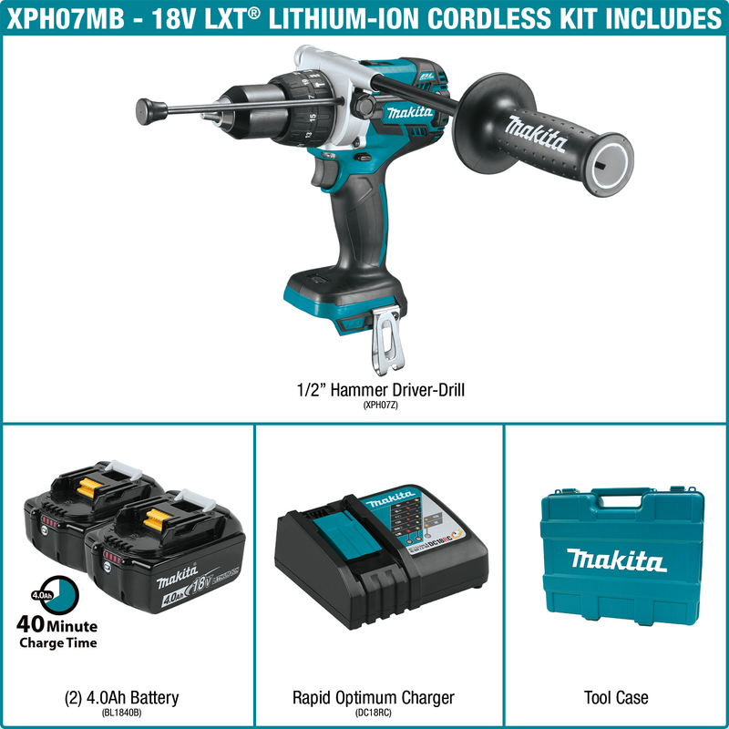 Makita XPH07MB-R 18V LXT® Lithium‑Ion Brushless Cordless 1/2" Hammer Driver‑Drill Kit (4.0Ah), (Reconditioned) - ToolSteal.com