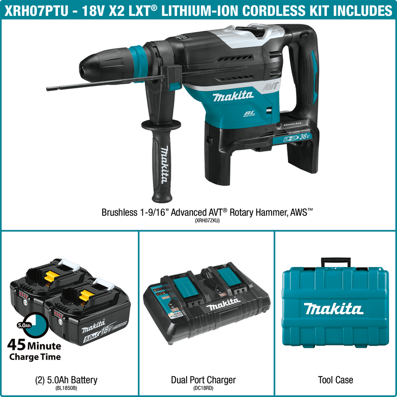 Makita XRH07PTU-R 36V LXT® Brushless 1‑9/16" Advanced AVT® Rotary Hammer Kit, accepts SDS‑MAX bits, AWS™ (5.0Ah), (Reconditioned) - ToolSteal.com